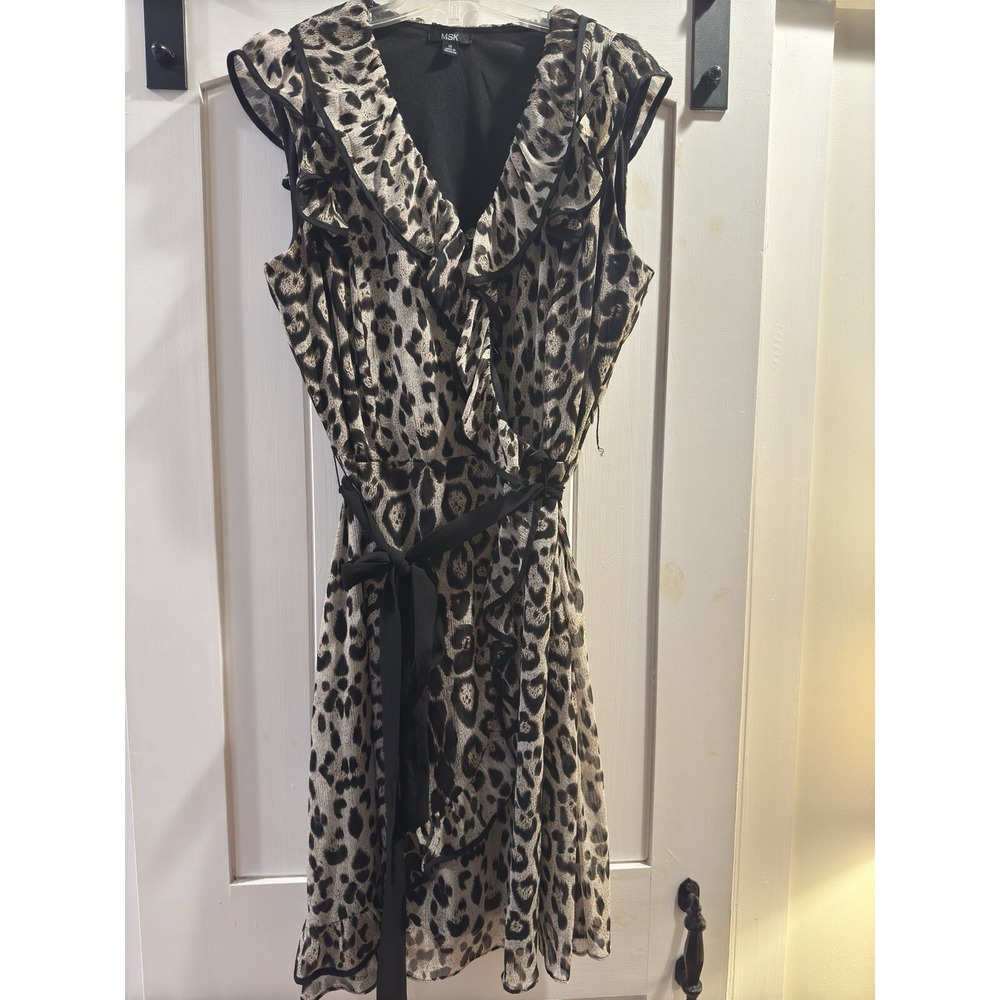 MSK Dress Sheer Leopard Animal Print  Tan Brown Ruffle Faux Wrap Sleeveless 12
